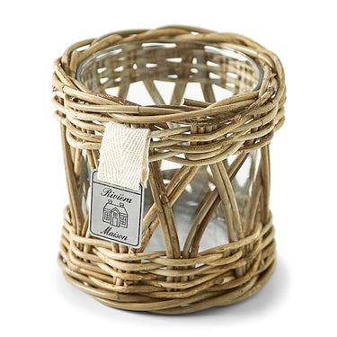 Rivièra Maison 326630 Candle Holder, Glass, Rattan, Transparent, Wood, Candle Holder (100 mm, 100 mm, 120 mm, Table, Glass, Rattan, Transparent, Wood) on Sale